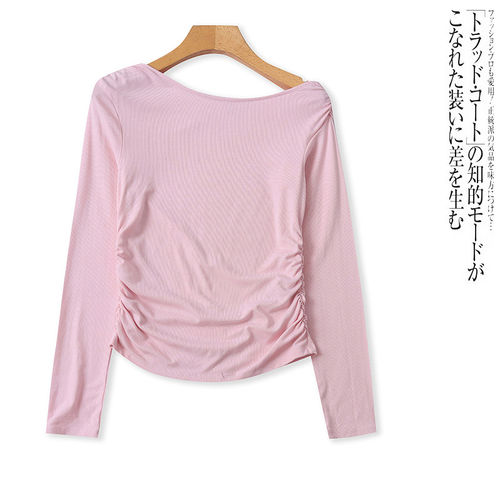 FF2323外贸欧美单女士长袖T恤秋季新款一字领侧边收腰修身打底衫