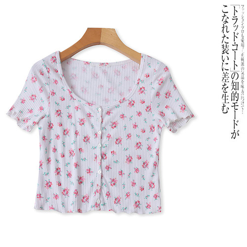 J2177外贸欧美小女生T恤衫夏季新款圆领排扣碎花修身短袖短款上衣