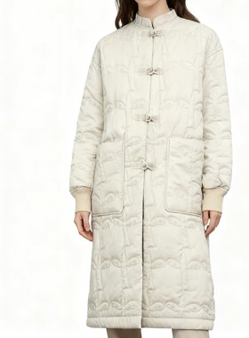 U562外贸日单复古风女士中长款棉衣冬季新款立领盘扣宽松棉服