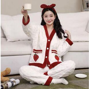 JJ2564外贸女士毛绒加厚家居服套装秋冬款V领拼色睡衣松紧腰睡裤
