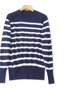 V4152外贸欧美单女士针织衫新款圆领套头条纹拼色修身百搭上衣