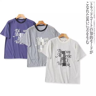 F2630外贸日单女士T恤新款圆领拼色套头字母印花宽松百搭休闲短袖