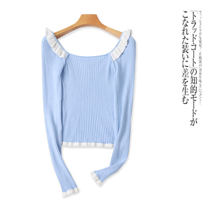 外贸日单女生甜美针织衫秋季新款一字领套头修身显瘦短款减龄上衣