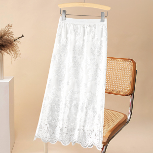 法式白色半身裙长款女春夏季大码a字裙 胖mm重工网纱刺绣蕾丝裙子