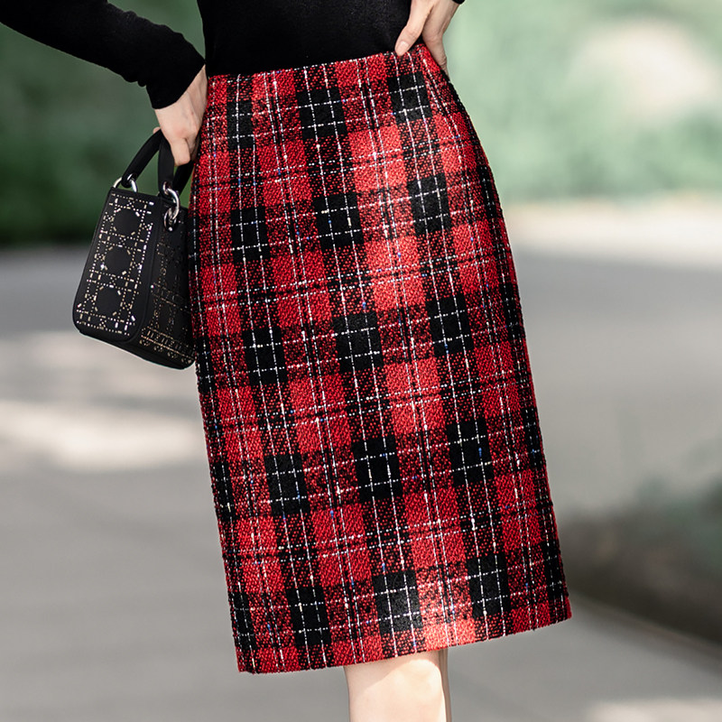 格子毛呢半身裙女短裙小香风半裙气质包臀裙红色裙子秋冬季 a字裙