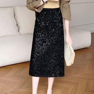 亮片毛呢半身裙2025秋冬新款 a字长裙包臀裙大码小香风高级感裙子