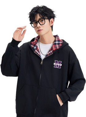 XDFM 美式紫色M标立体刺绣宽松开衫拉链连帽卫衣重磅高街外套上衣