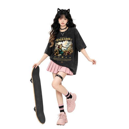 XDFM美式直喷水洗做旧西方古典油画短袖男女T恤宽松百搭印花上衣