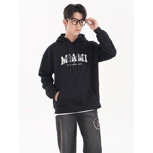 XDFM美式 上衣 迈阿密字母印花宽松重磅套头连帽卫衣高街基础款 帽衫
