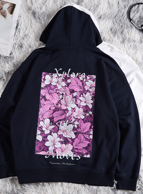 美式连帽卫衣紫色花卉胶印高街嘻哈帽衫chic初秋薄款外套