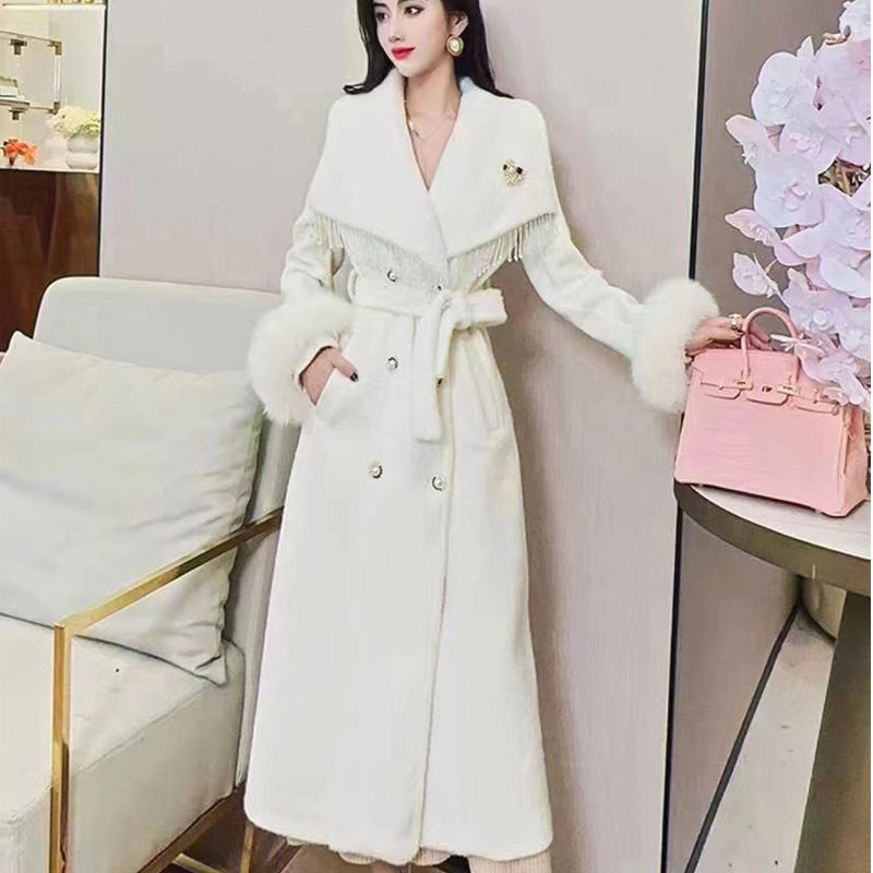 2023年大衣外套女秋冬高级感套装高端真狐狸毛袖收腰修身长款貂绒