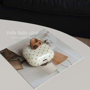 小众ins奶油棕波点Airpodspro3耳机套新款适用苹果二代Airpods3代保护套立体木质咖啡杯挂件Airpods4代耳机壳