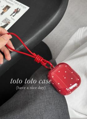 小众复古新年红色波点Airpods4代耳机套适用苹果2代pro无线保护套Airpods3代皮绳挂件Airpodspro2新款耳机壳