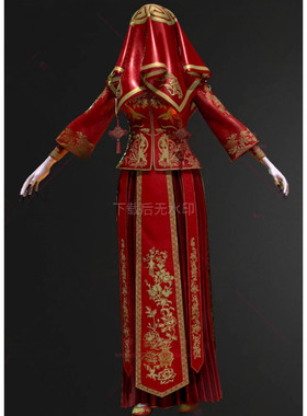 中国风古代僵尸新娘结婚礼服红盖头丧尸角色3D模型 PBR材质 3dmax