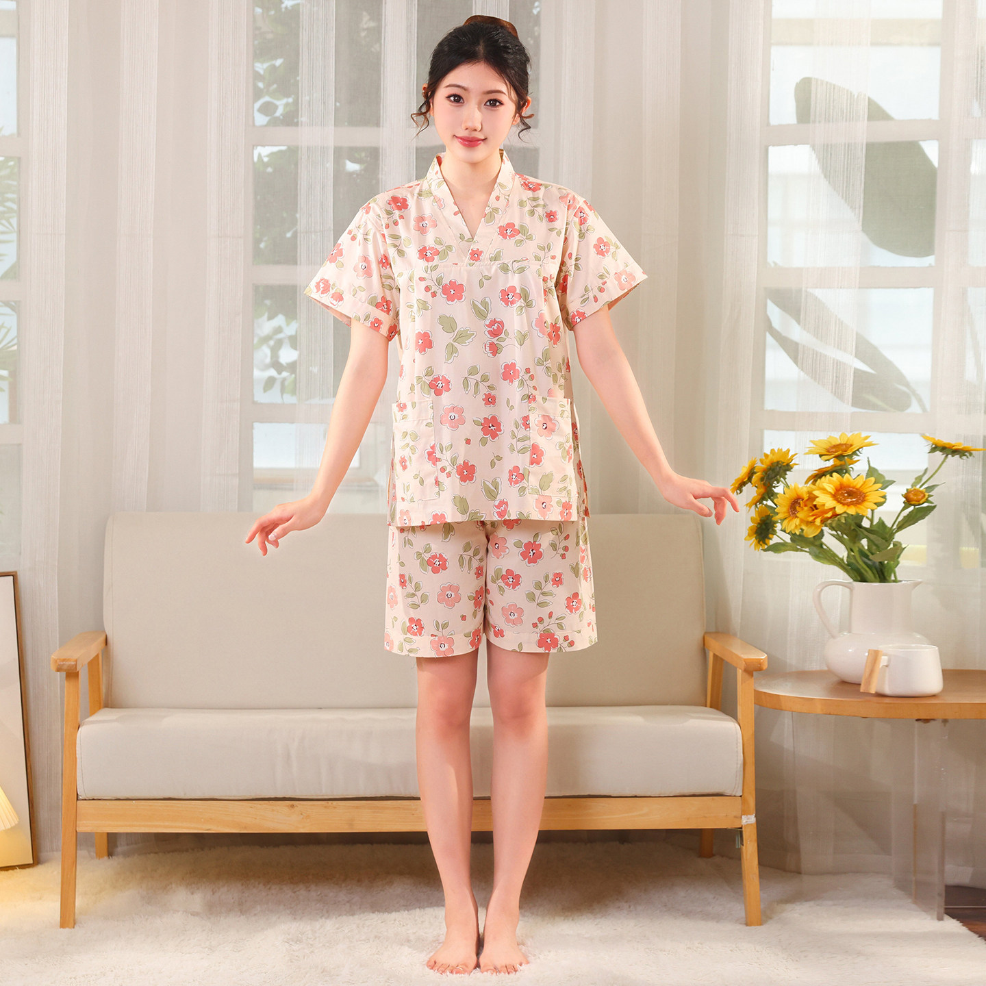 《春季新款》大码纯棉短袖短裤女士汗蒸服桑拿洗浴足疗睡衣家居服