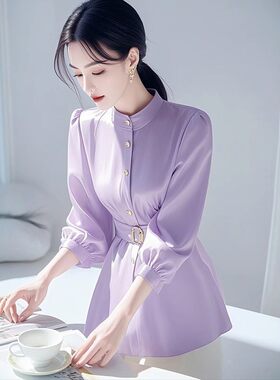 衬衣女款2025春季新款高级感轻奢独特超好看气质收腰紫色缎面衬衫