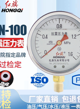 红旗仪表 耐震防震抗震压力表YTN-100 0-1MPa充油压力表 真空表