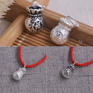 S925纯银复古福字钱袋吊坠 DIY红绳手链项链水晶手串饰品配件
