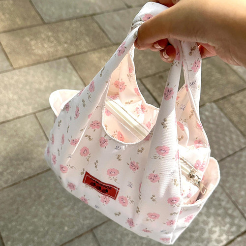 上班杂物小拎包通勤帆布拉链碎花手提包包大容量便当袋学生午餐包