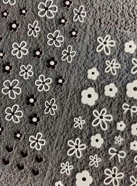 简约小香风黑白手绘小花浮雕美甲贴纸黑色五瓣花手账ccd指甲diy贴