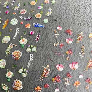 复古红玫瑰花朵浮雕美甲贴纸刺绣彩色油画玫瑰花防水背胶指甲装饰