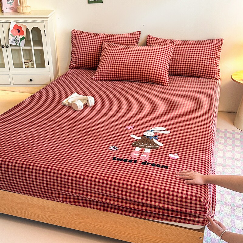 2025冬款牛奶绒毛巾绣床单床笠单件纯色卡通席梦思保护套被套套件