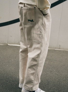 初原男装男士帆布厚实硬挺白色长裤宽松版刺绣工装时尚潮流