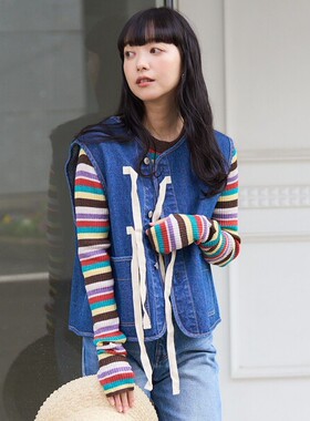 初原家女士春秋款马甲牛仔背心马夹日系衣长缩短freaks store