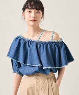 初原家女士牛仔一字肩衬衫女款荷叶毛边衬衣宽松版freaks store