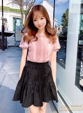 初原家女士牛仔短裙黑色松紧腰半身裙可爱日系rady淑女伞裙