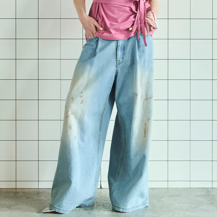 日系女款复古做旧牛仔阔腿直筒裤