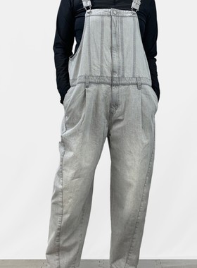 初原家日系女款纯棉背带裤女士牛仔长裤减龄神器宽松版灰色水洗