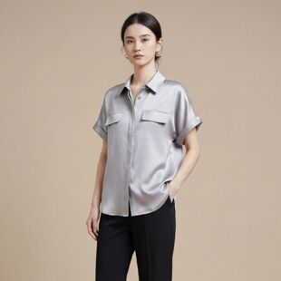 新款重磅真丝短袖衬衫女夏季桑蚕丝砂洗纯色通勤上衣t恤中长款