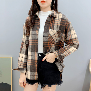 毛呢格子衬衫女外穿加厚上衣2021秋冬新款韩版宽松长袖衬衣外套女