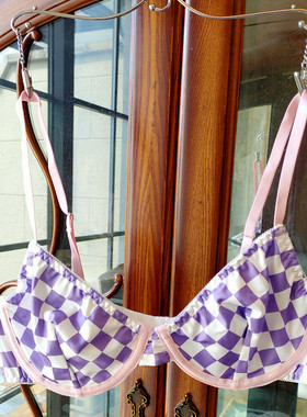 欧美精品女士超薄紫色棋盘格性感文胸适合75BC80AB85BC90AB