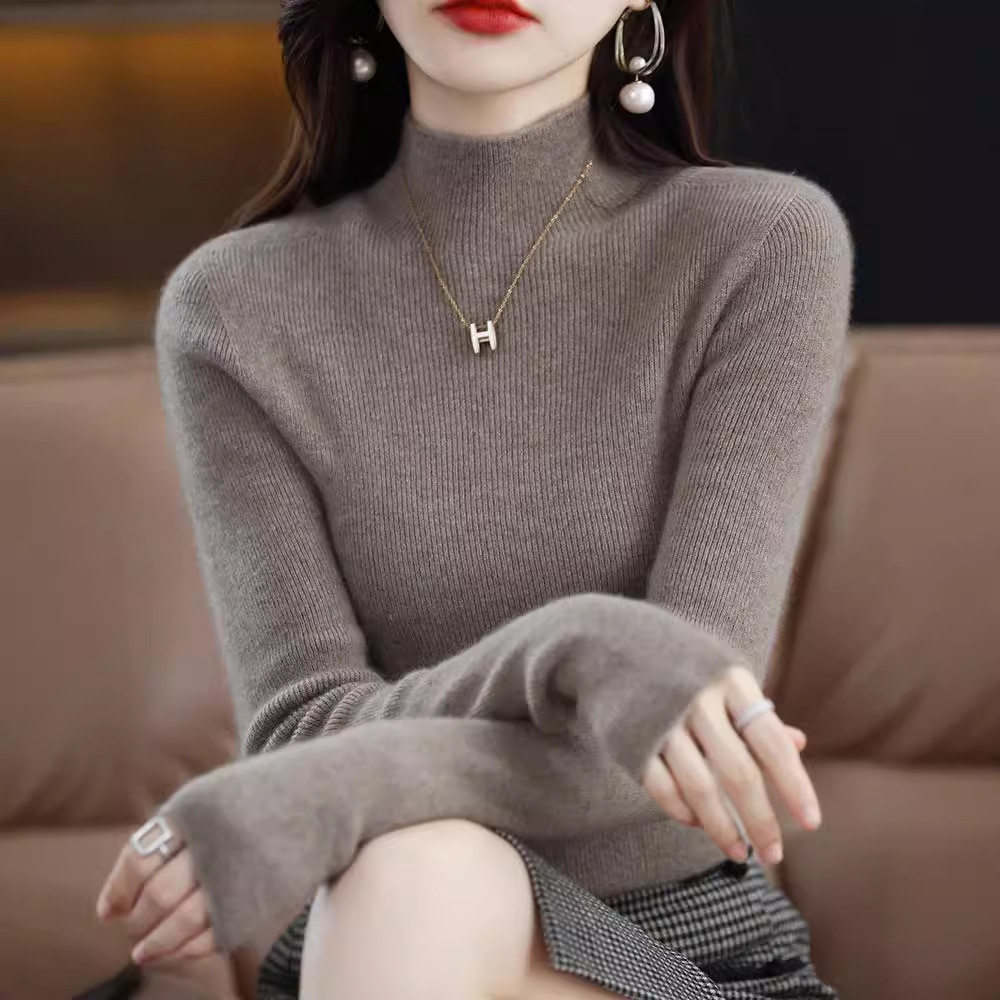 一线成衣无缝半高领羊毛衫女套头抽条毛衣修身百搭羊绒针织打底衫