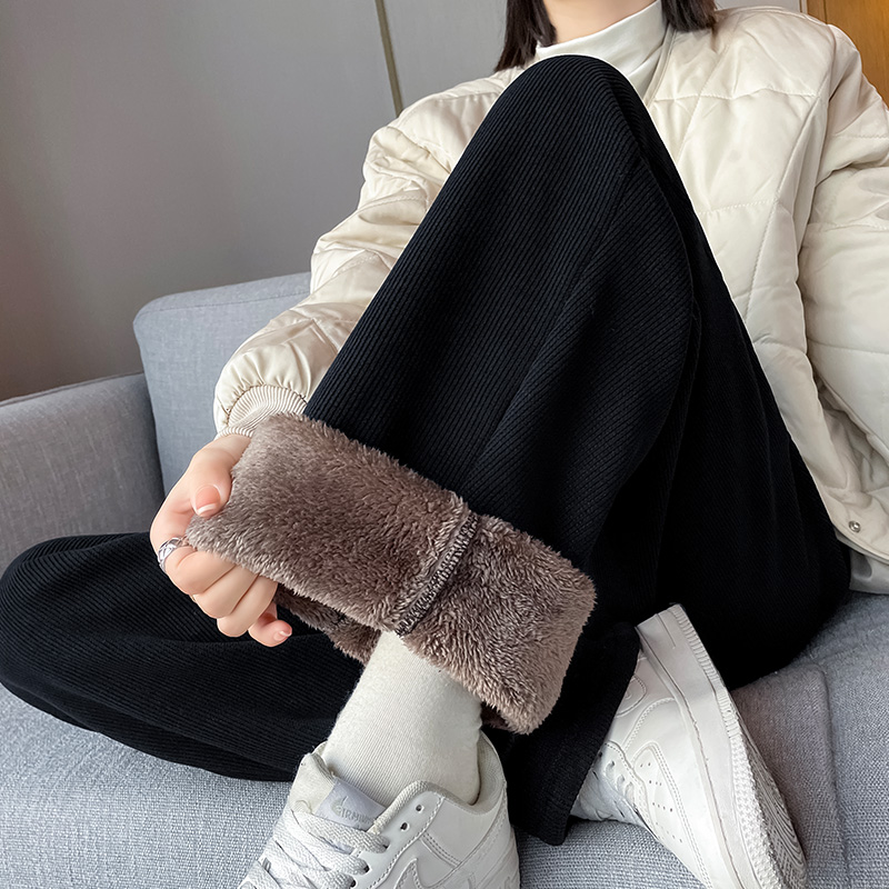 韩版潮阔腿裤女秋冬季胖妹妹mm大码加绒外穿灯芯绒棉裤羊羔绒裤子