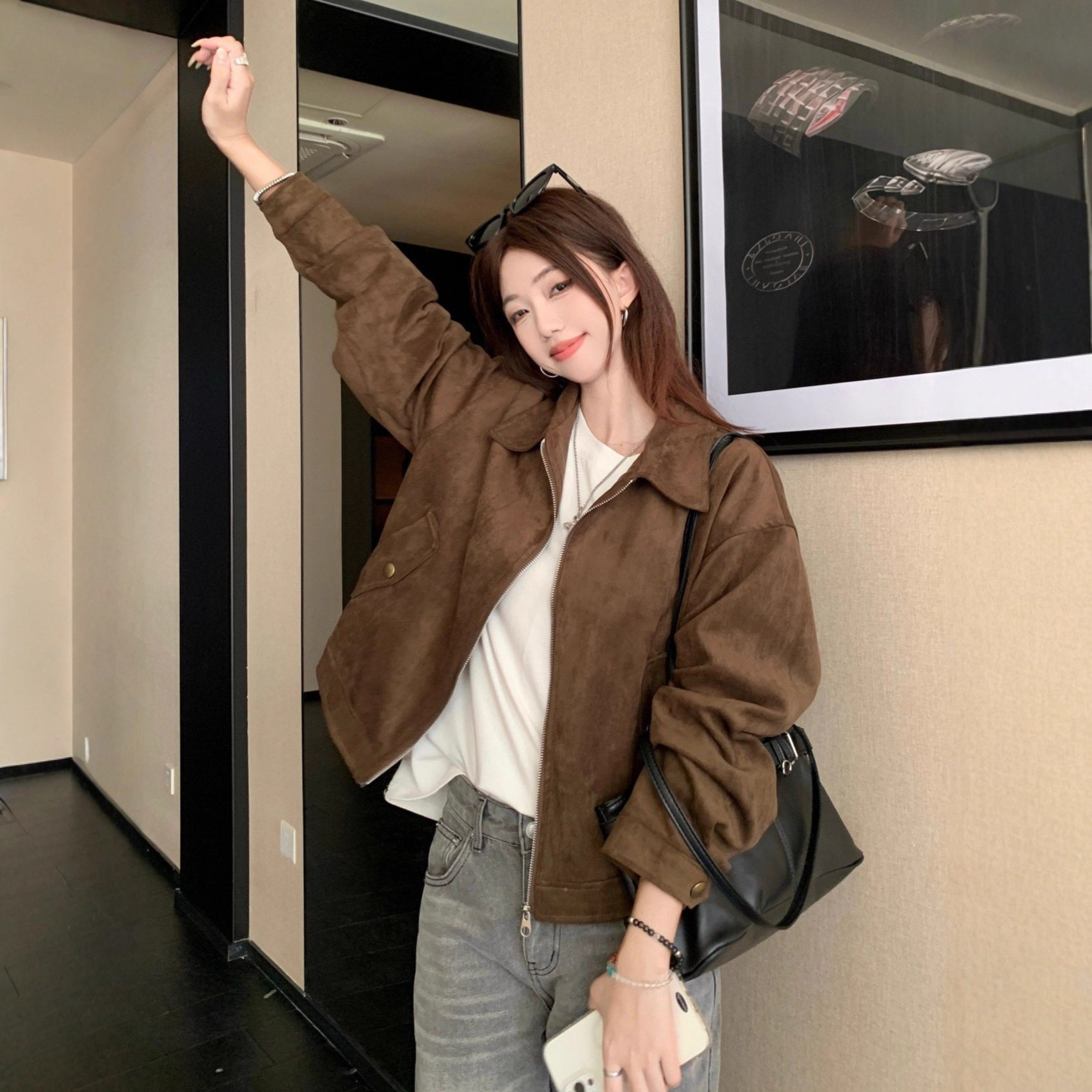 美拉德短款麂皮绒外套女春秋装美式复古慵懒chic又酷又飒皮衣夹克