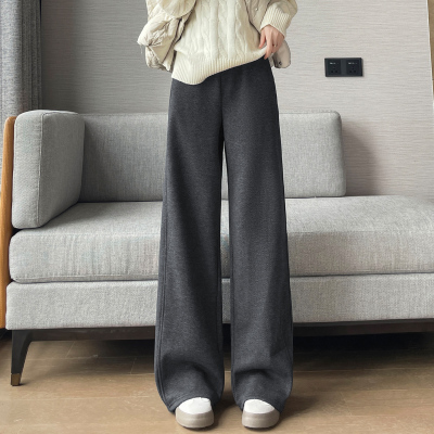 加绒加厚人字纹毛呢阔腿裤女秋冬2025新款爆款窄版羊绒直筒女裤子