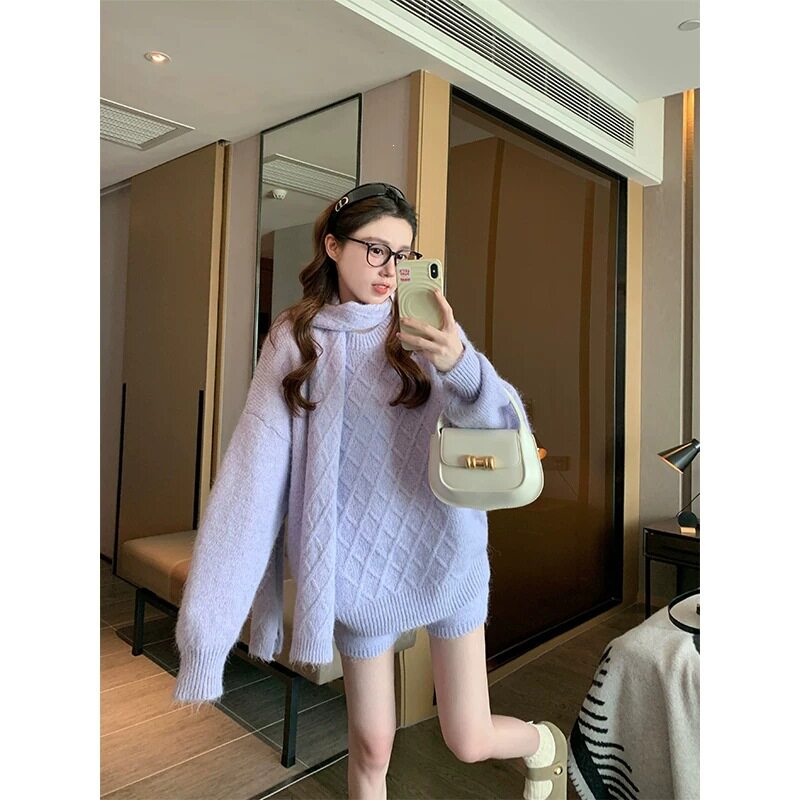 慵懒风松弛感毛衣套装女秋冬复古麻花chic百搭针织上衣短裤三件套