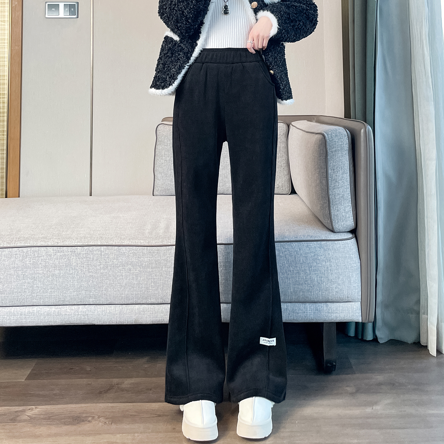 羊羔绒特厚一体加绒微喇裤女秋冬季2025新款东北加厚保暖喇叭棉裤