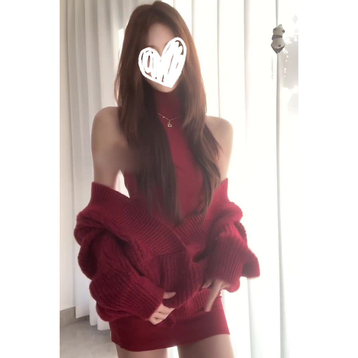 慵懒红色长袖毛衣针织衫女冬季辣妹套装背心连衣裙包臀裙子两件套
