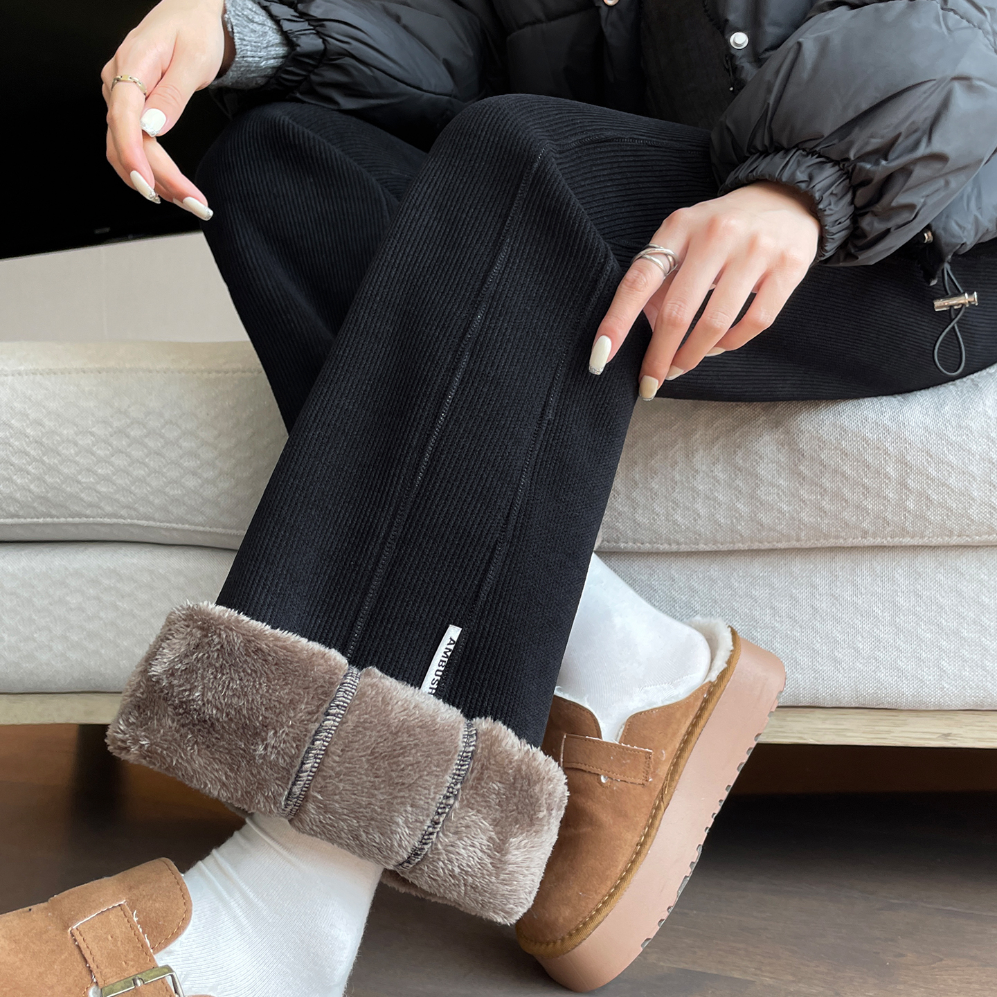 羊羔绒微喇叭裤女秋冬季胖妹妹mm大码韩版潮加绒加厚灯芯绒棉裤子