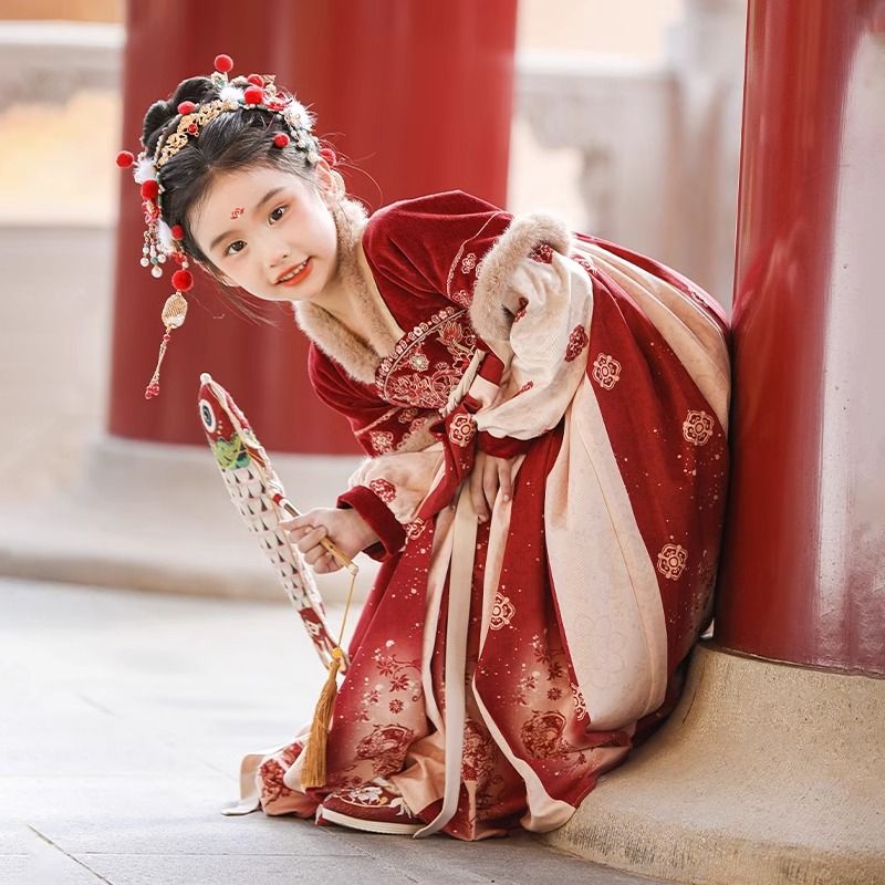 儿童汉服女童新款超仙古风古装中国唐装拜年加绒宝宝连衣裙