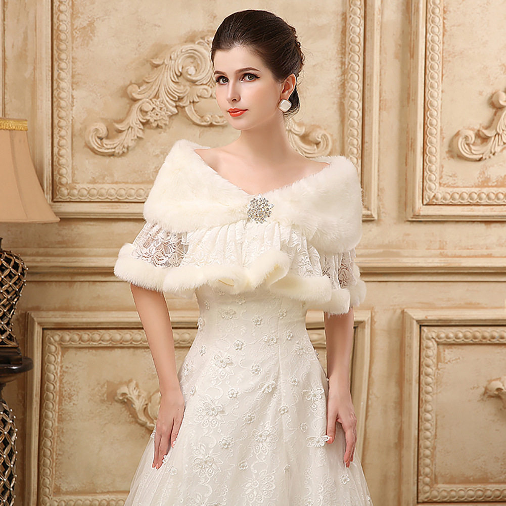 婚纱毛披肩斗篷女白色伴娘披肩秋冬季新款新娘结婚蕾丝拼接外套