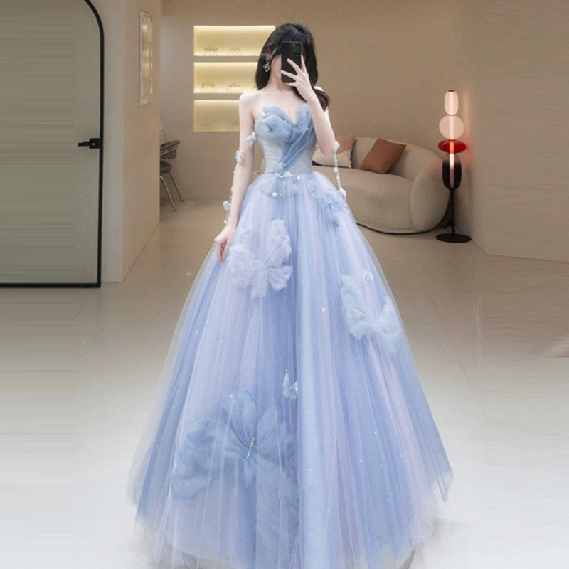 蓝色高级感抹胸晚礼服新娘订婚