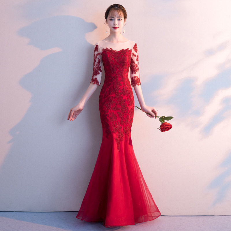 敬酒服新娘晚礼服女红色长款鱼尾
