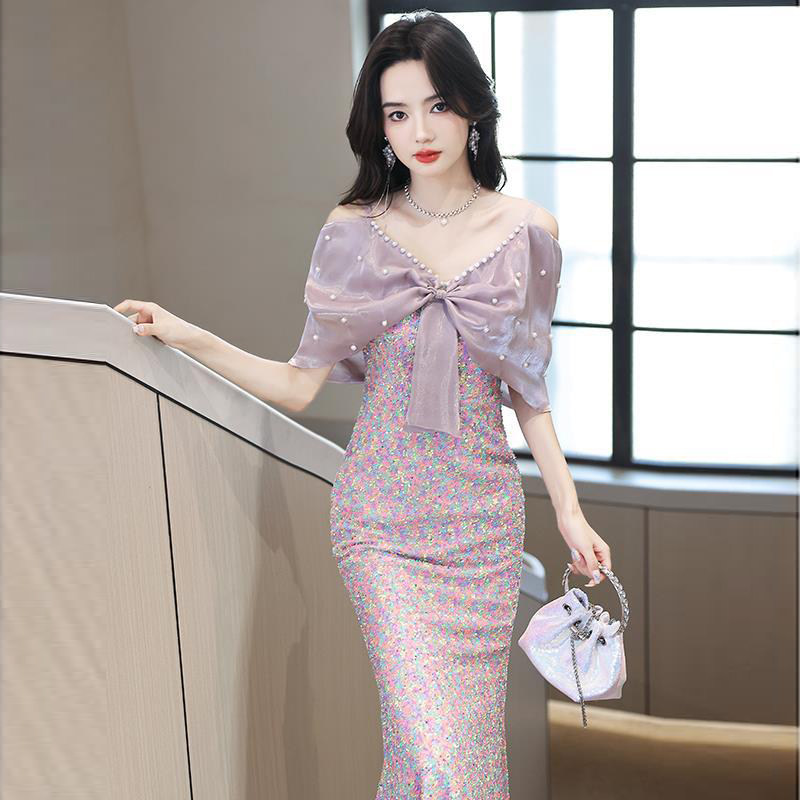 法式宴会晚礼服女新款高级感气质绝美主持人一字肩鱼尾亮片长裙