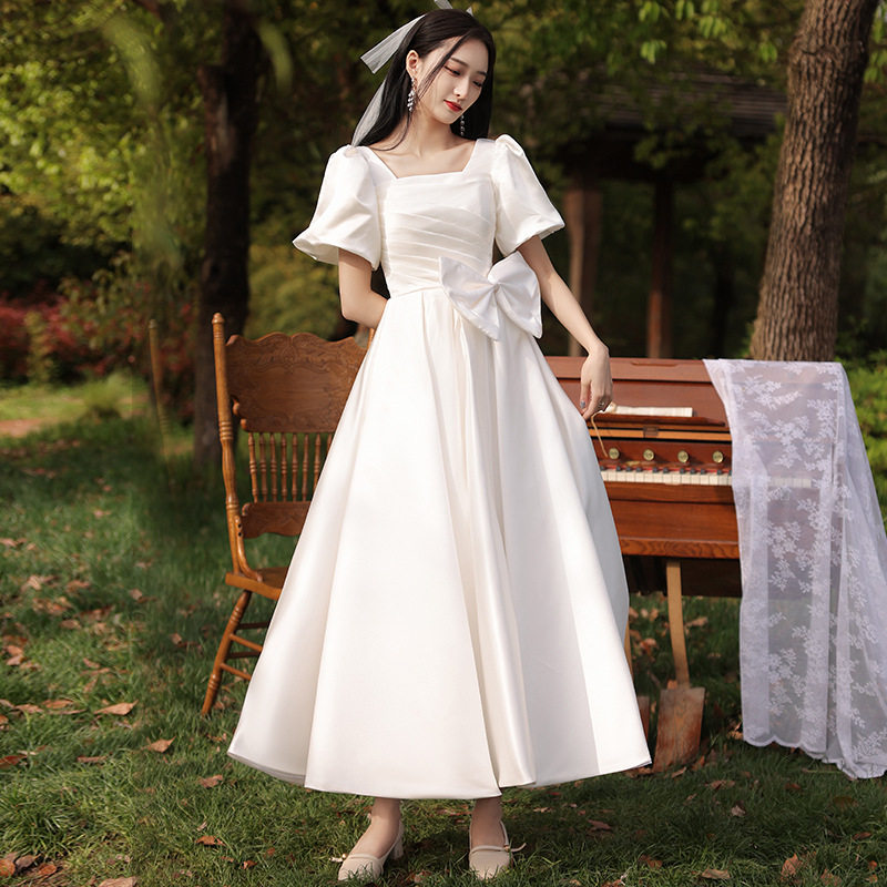 白色领证晚礼服女气质名媛缎面