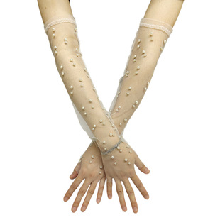 新款白色长款手套透明纱网订珠包手指新娘婚纱舞台表演出半指手套